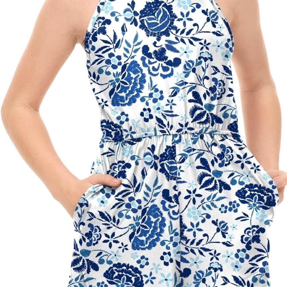Girls Summer Floral Halter Neck Sleeveless Jumpsuit with Side Pockets (061)
